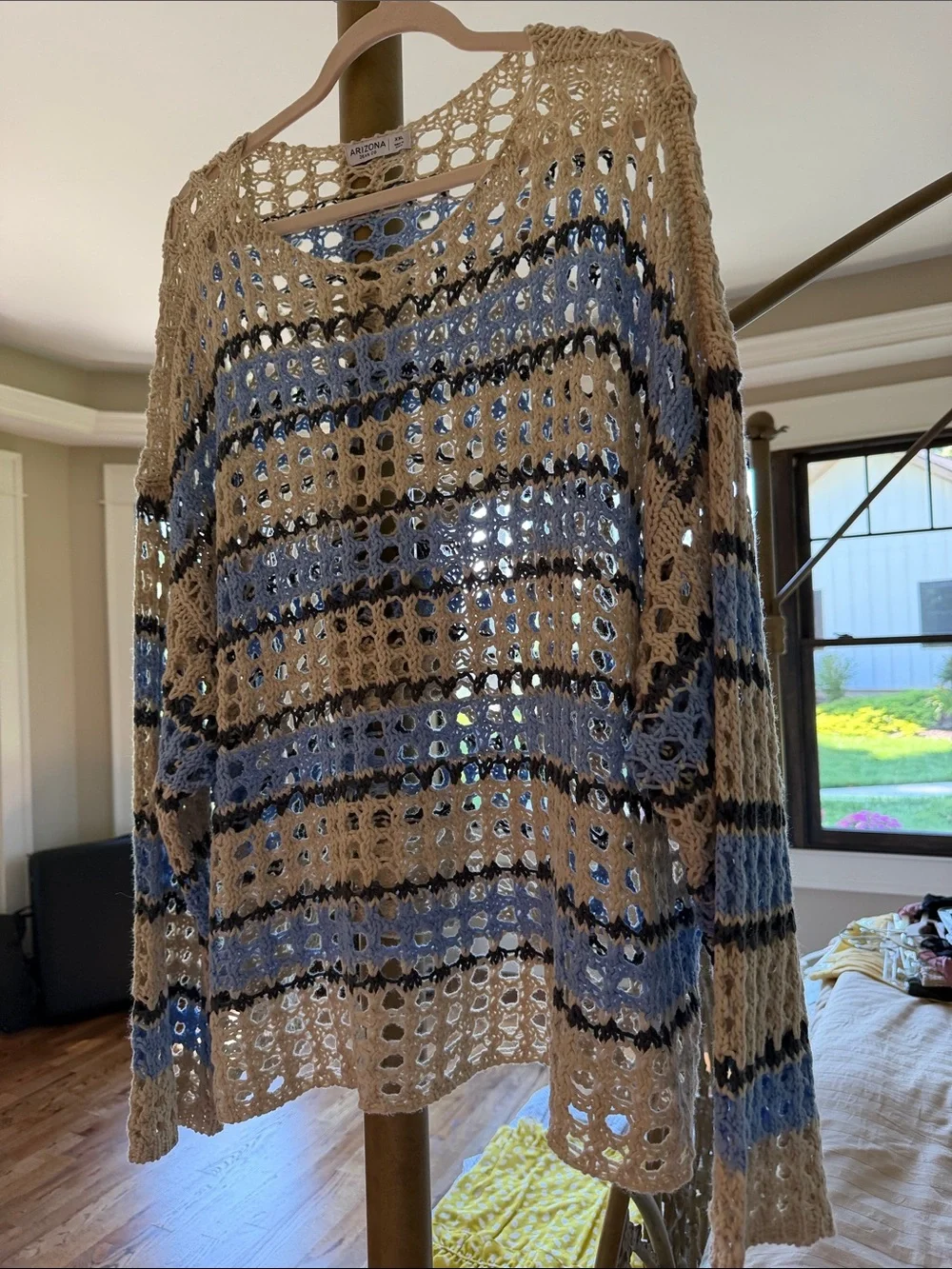 Arizona Jean Co. Open-Knit Striped Sweater - Beige & Blue